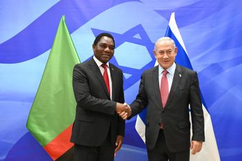 Israeli Prime Minister Benjamin Netanyahu and Zambian President Hakainde Hichilema, in Jerusalem, Israel.