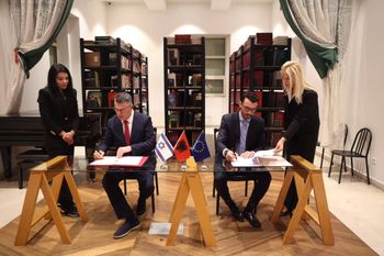 Foreign Minister Gideon Sa'ar and Albanian Infrastructure and Energy Minister Eneida Kërcaku signing an advanced aviation agreement, October 12, 2026.