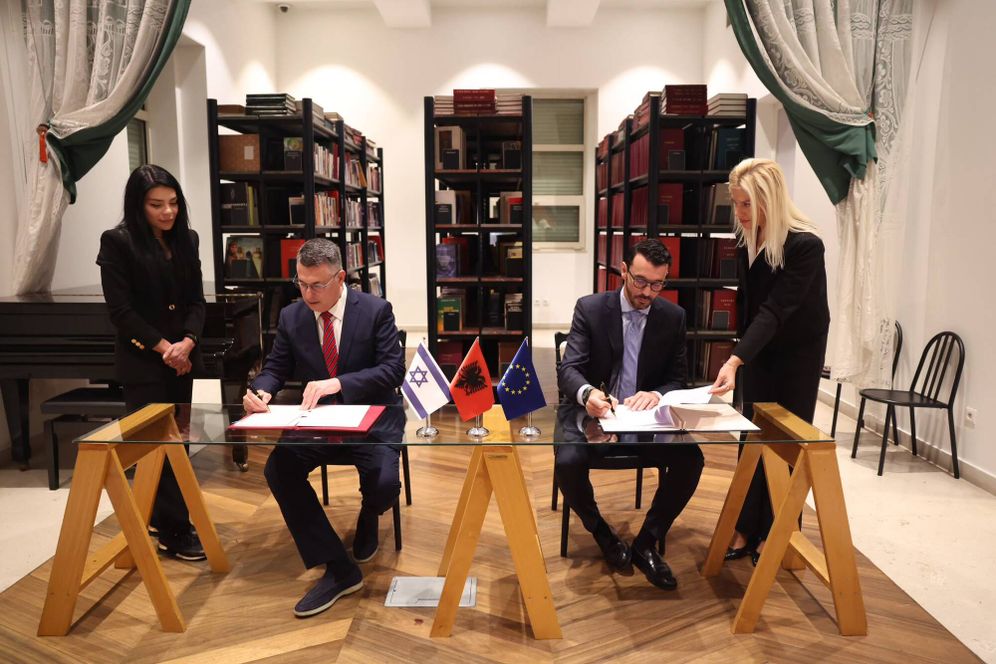Israel Foreign Ministry Foreign Minister Gideon Sa'ar and Albanian Infrastructure and Energy Minister Eneida Kërcaku signing an advanced aviation agreement, October 12, 2026.