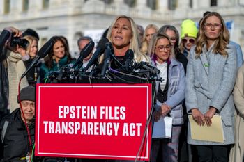 Marjorie Taylor Greene speaks during a press conference on the "Epstein Files Transparency Act" in Washington, DC on November 18, 2025.
