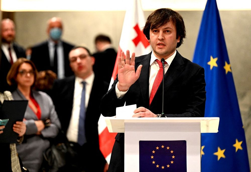 Ruling Georgian Dream party chair Irakli Kobakhidze attends a press conference in Tbilisi, Georgia, on March 31, 2021.
