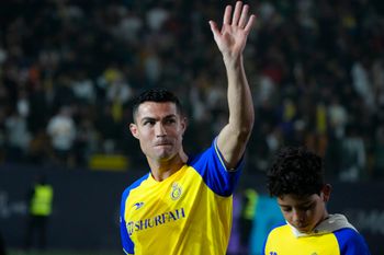 Cristiano Ronaldo reacts during his official unveiling as a new member of Al Nassr soccer club in in Riyadh, Saudi Arabia, Tuesday, Jan. 3, 2023.Ronaldo, who has won five Ballon d'Ors awards for the best soccer player in the world and five Champions League titles, will play outside of Europe for the first time in his storied career.