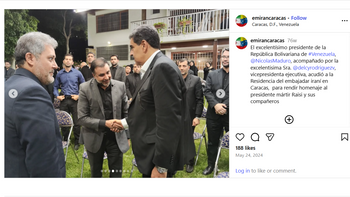 Quds Force Hasan Izadi aka Masood Rahnema (far right) at an event with Venezuelan president Maduro to memorialize Iran's Raisi.