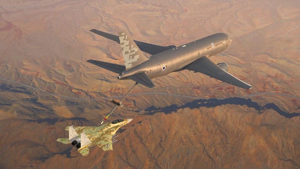 An Israel Air Force Boeing KC-46 tanker refuels an F-15 fighter jet in mid-air over an undisclosed desert location, on February 22, 2021.