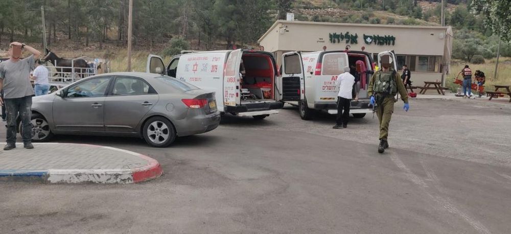 Soldiers, ambulances, and paramedics at the scene of a terror attack in the West Bank.