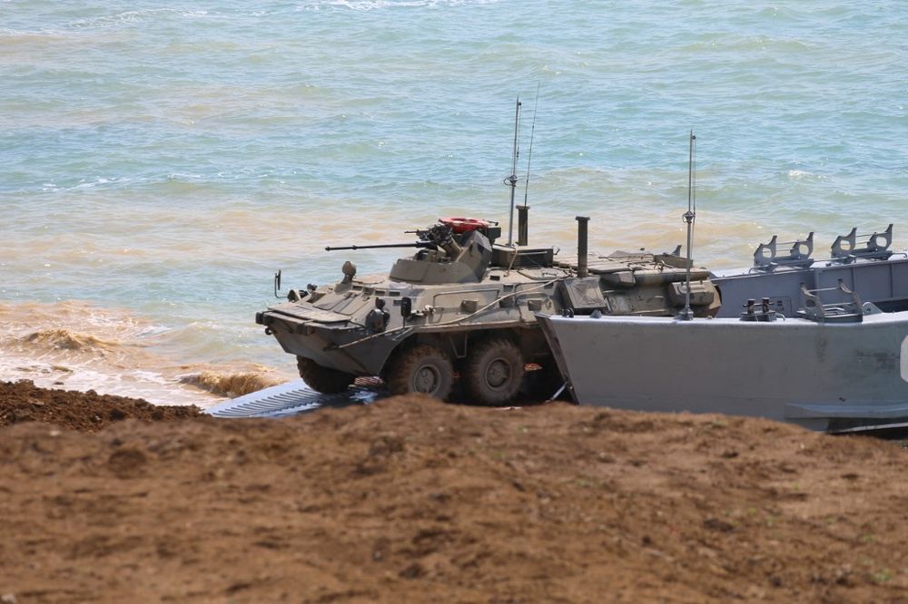 This handout picture released by the Russian Defence Ministry on April 22, 2021, shows Russia's forces during a military drill not far from the town of Kerch, on the Kerch Peninsula in the east of the Crimea.
