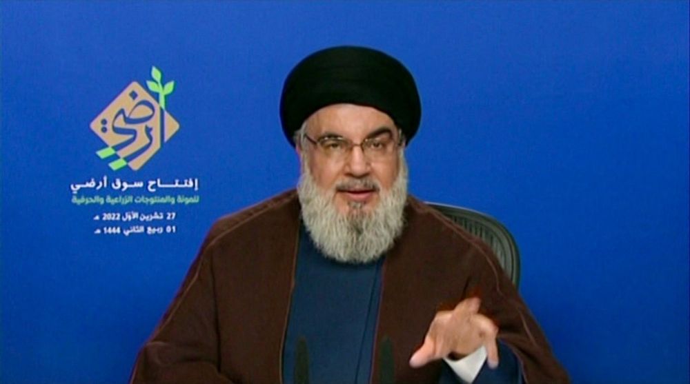 Hassan Nasrallah, the head of the Lebanese Shiite movement Hezbollah, delivering a televised speech in Lebanon.
