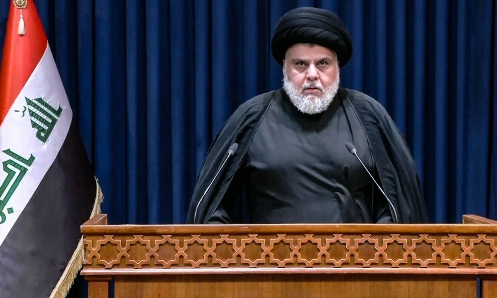 This image grab taken from from Al-Iraqiya TV shows Iraqi cleric Moqtada al-Sadr delivering a televised speech in the central Iraqi city of Najaf, on August 3, 2022.
