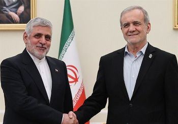 Former Iranian ambassador to Lebanon Mohammad Reza Sheibani with Iranian President Masoud Pezeshkian