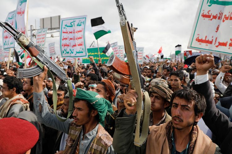 Houthi supporters attend a rally in the Gaza Strip, in Sanaa, Yemen, March 8, 2024.