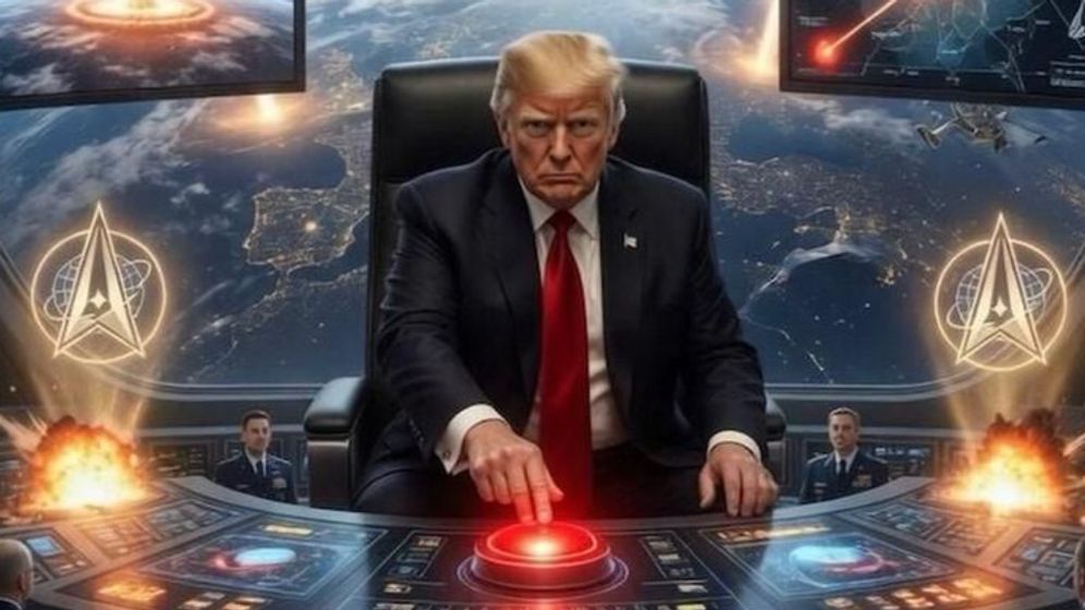 image générée par IA montrant Donald Trump dans une salle de commandement futuriste, la main posée sur un bouton rouge, avec des écrans affichant des frappes 
