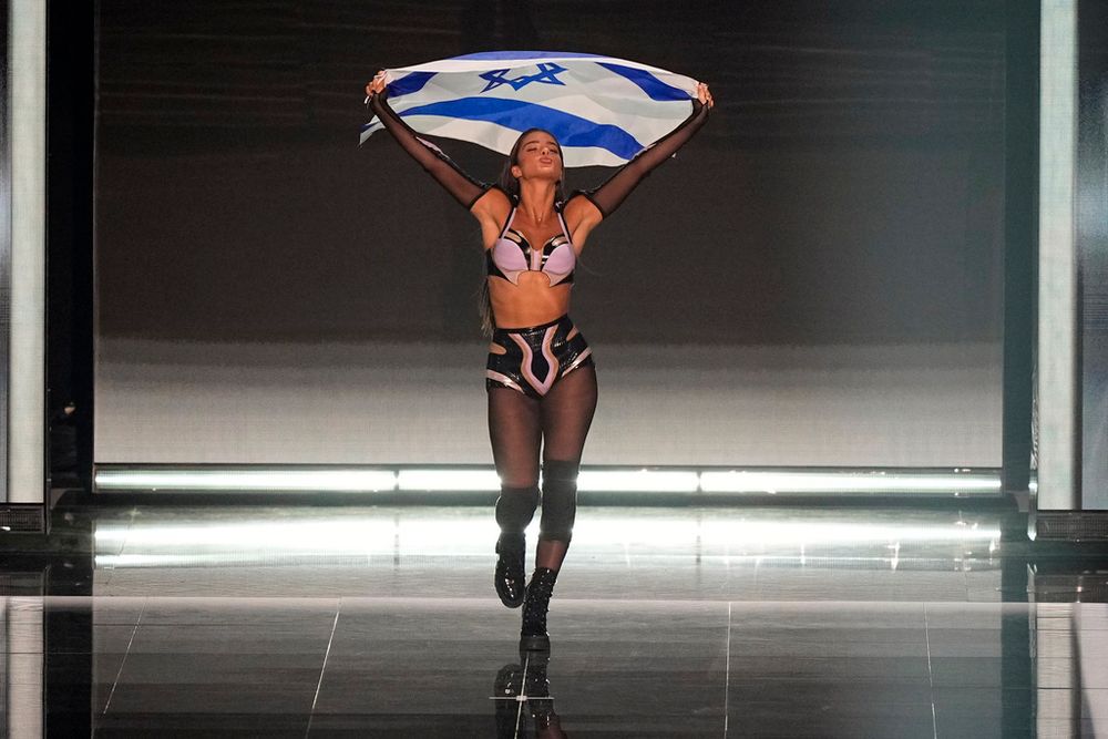 Noa Kirel of Israel during the flag ceremony before during the Grand Final of the Eurovision Song Contest in Liverpool, England.