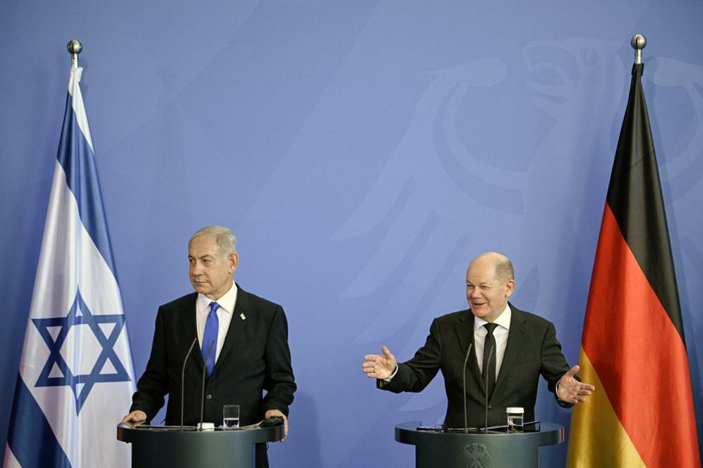 German Chancellor Olaf Scholz (R) and Israeli Prime Minister Benjamin Netanyahu give a joint press conference after talks at the Chancellery in Berlin, Germany.