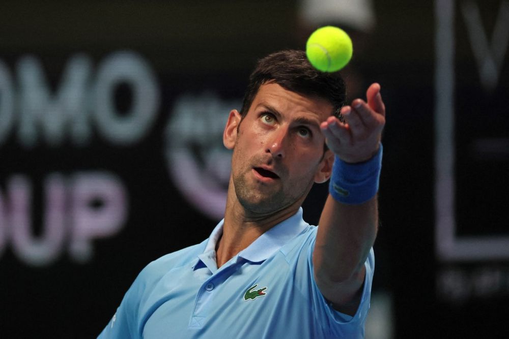 Serbia's Novak Djokovic serves the ball during the men's singles semifinal tennis match against Russia's Roman Safiullin at the Tel Aviv Watergen Open 2022 in Israel on October 1, 2022.