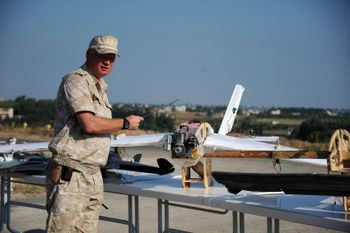 Russian General Igor Konachenkov shows drones intercepted in the Hmeimim airbase in Syria, September 26, 2019.