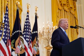 President Donald Trump speaks during a Hanukkah reception in the East Room of the White House, Tuesday, Dec. 16, 2025, in Washington