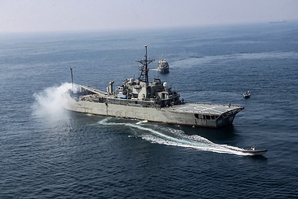 Iranian navy amphibious assault ship Lavan takes part in a naval drill in the northern Indian Ocean.
