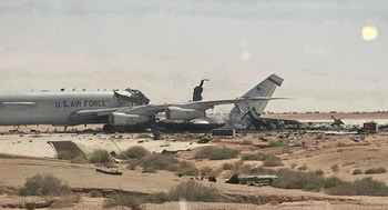 CBS News Undated photo of plane damaged by Iranian strikes at Prince Sultan AFB, Saudi Arabia.