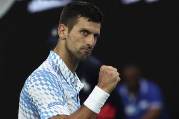Serbia's Novak Djokovic reacts on a point against Greece's Stefanos Tsitsipas during their men's singles final match on day fourteen of the Australian Open tennis tournament in Melbourne, Australia on January 29, 2023.