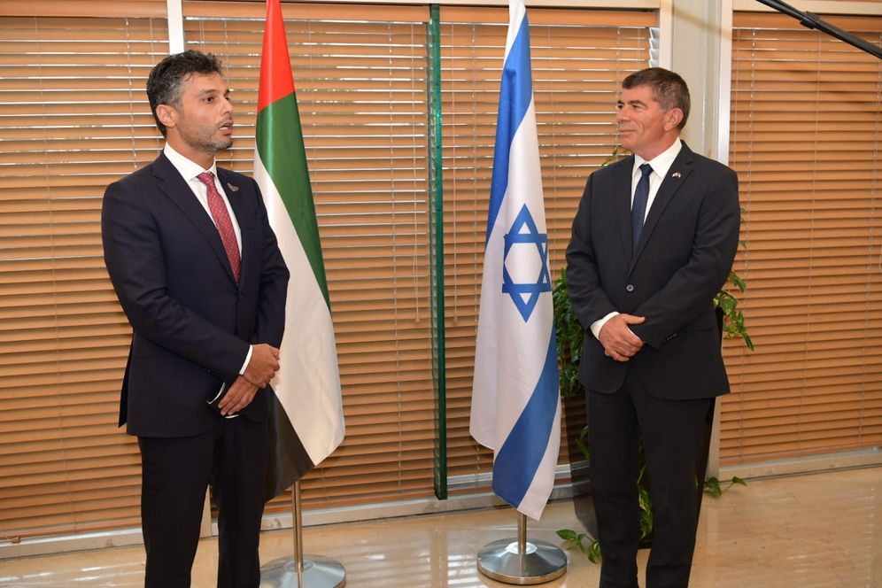 UAE's first Ambassador to Israel Mohammad Mahmoud Al Khajah (left) speaks as Israel's Foreign Affairs Minister Gabi Ashkenazi listens in the Foreign Affairs Ministry in Jerusalem, Israel on March 1, 2021.