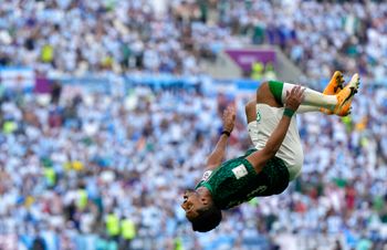 Saudi Arabia's Salem Al-Dawsari celebrates after scoring his side's second goal during the World Cup group C soccer match against Argentina in Lusail, Qatar.