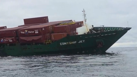 The Contship Jet which was struck by unidentified naval drones in the Black Sea off the coast of Varna, Bulgaria, October 28, 2026. Screenshot