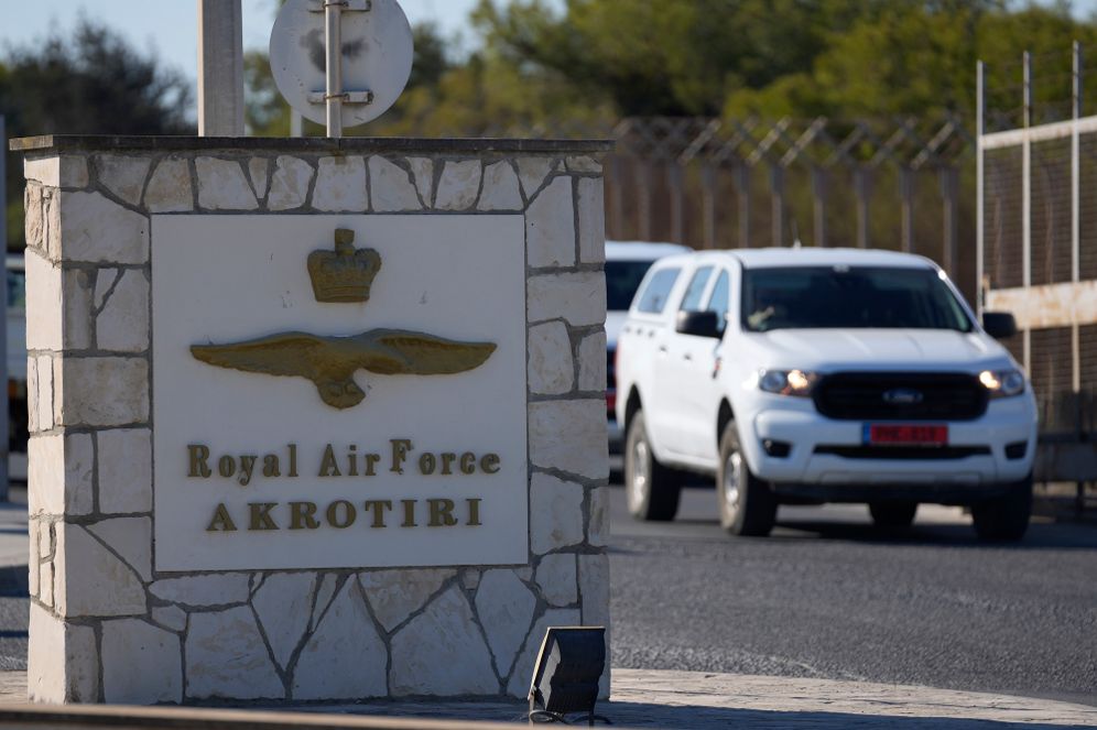 A car exists the gate of the Akrotiri royal air forces in a British military base near coastal city of Limassol, Cyprus, Thursday, Sept. 26, 2024
