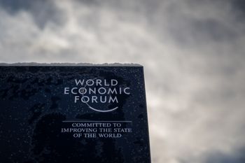 A sign of the World Economic Forum (WEF) on the opening day of the annual meeting in Davos, Switzerland, on January 16, 2023.