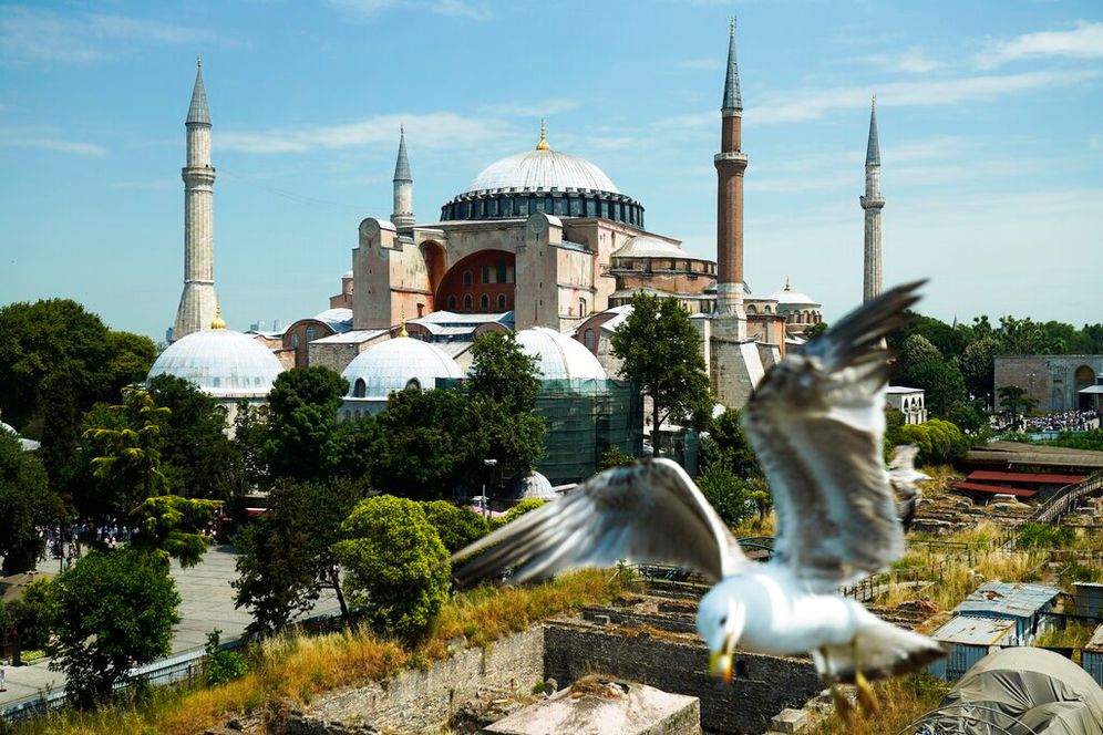 AP Photo/Jon Gambrell A seagull grabs a bit of cheese from a tourist near the Byzantine-era Hagia Sophia in Istanbul, Turkey, June 25, 2022.