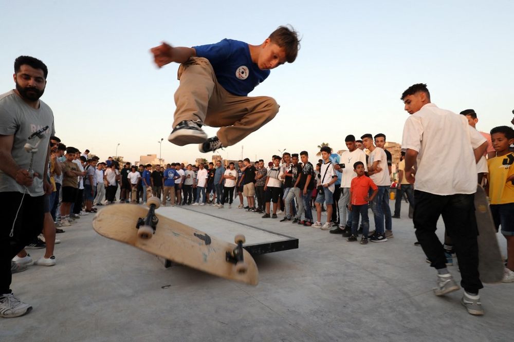 Skateboarders show off their skills during the inauguration of a skatepark in Tripoli, Libya, on May 29, 2022.