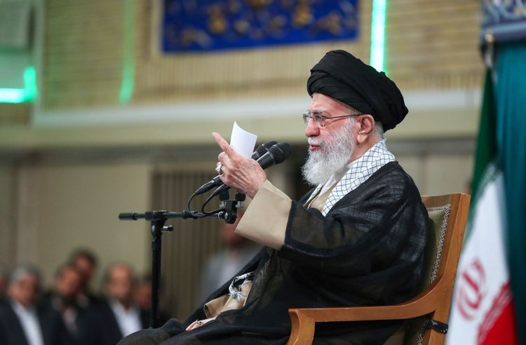 Supreme Leader Ayatollah Ali Khamenei speaks during his meeting with a large group of laborers in Tehran, Iran


