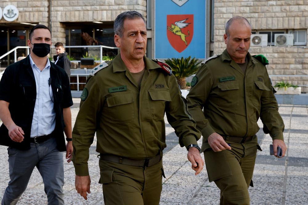 Israel Defense Forces Chief of Staff Aviv Kochavi (C) after a meeting with Israeli Defense Minister Benny Gantz in Jerusalem, Israel, on March 30, 2022.