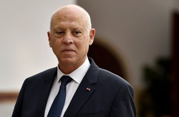 Tunisia's President Kais Saied is pictured at the Tunis-Carthage International Airport, as he receives his Algerian counterpart visiting Tunis, Tunisia, on December 15, 2021.