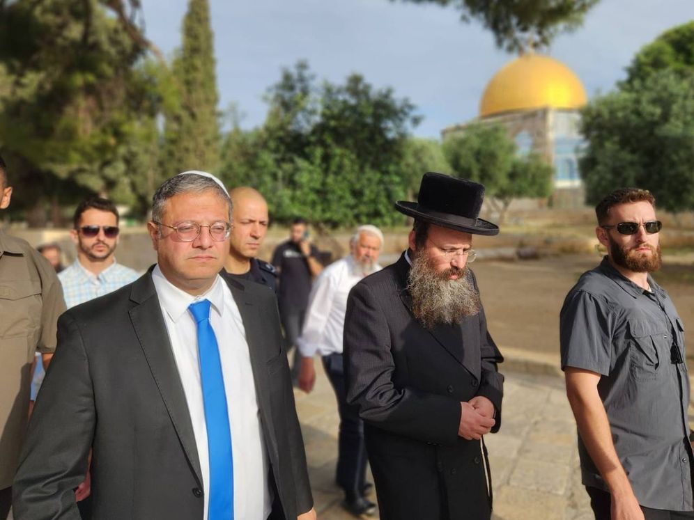Israel's National Minister Itamar Ben-Gvir (L) visits Temple Mount in Jerusalem.