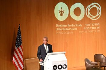Rahm Emanuel, a leading Democrat widely viewed as a potential 2028 presidential candidate speaks at Tel Aviv University