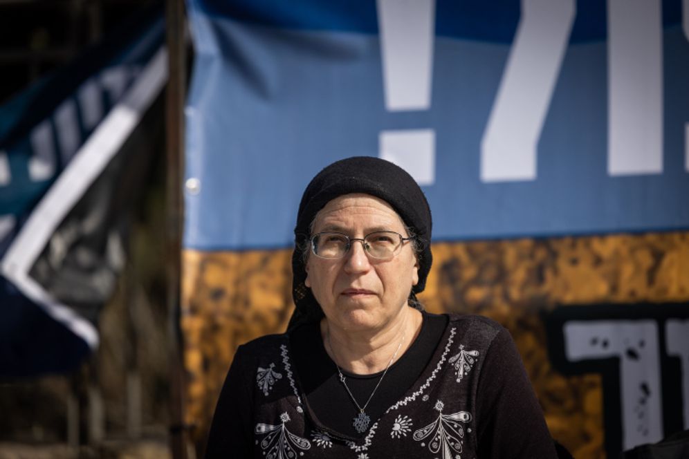 Religious Zionism lawmaker Orit Strock attends a protest outside the Prime Minister's office in Jerusalem.