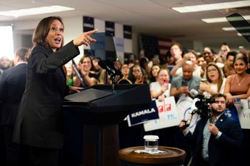 US Vice President Kamala Harris speaks at her campaign headquarters in Wilmington, Delaware