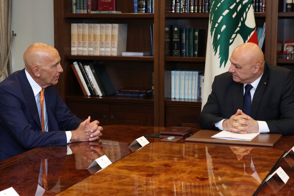 Lebanese President Joseph Aoun (right) meets with US Ambassador to Turkey and Special Envoy to Syria Tom Barrack, in Baabda, east of Beirut


