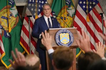 Treasury Secretary Scott Bessent speaks at a news conference, Monday, Aug. 24, 2026, at the Treasury Department in Washington