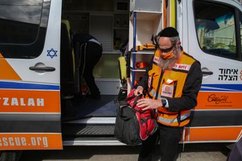 United Hatzalah of Israel medical team check their gear in Tzfat on February 16, 2021, as emergency crews on high alert ahead of a stormy weather.