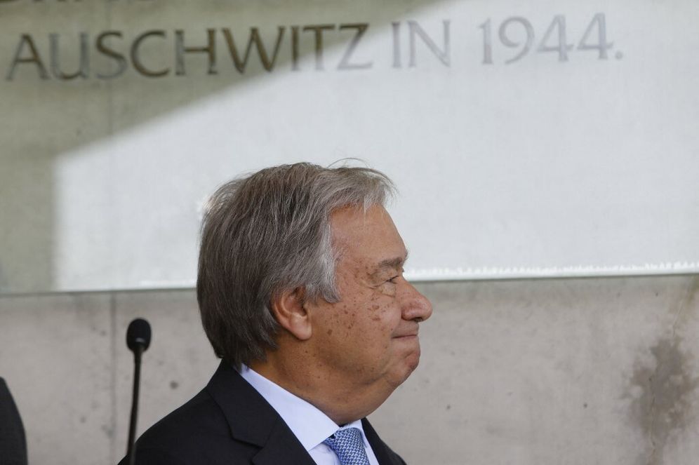 United Nations Secretary General Antonio Guterres talks to the press after concluding his visit to the Yad Vashem Holocaust Memorial museum, Israel.