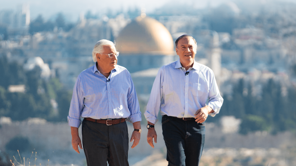 Former U.S. Secretary of State Mike Pompeo (R) and former U.S. ambassador to Israel David Friedman (L) on set of their documentary "Route 60: The Biblical Highway" in Jerusalem.