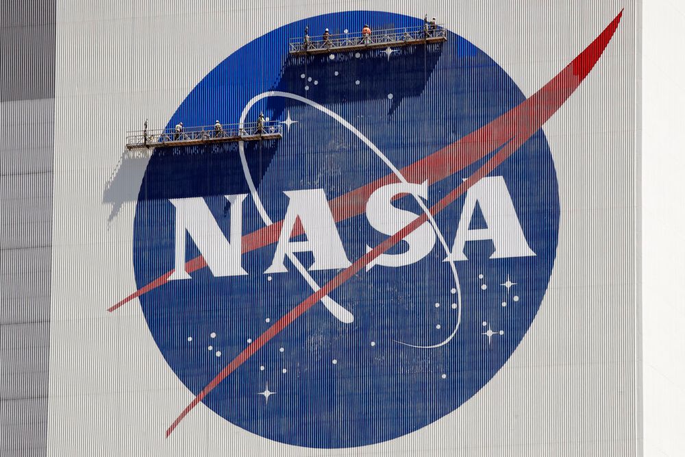 The NASA logo on the Kennedy Space Center in Florida, the United States, on May 20, 2020.