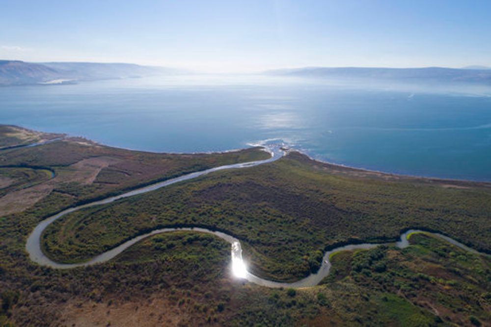 An aerial view shows the Jordan River estuary of the Sea of Galilee in northern Israel, on December 8, 2017.