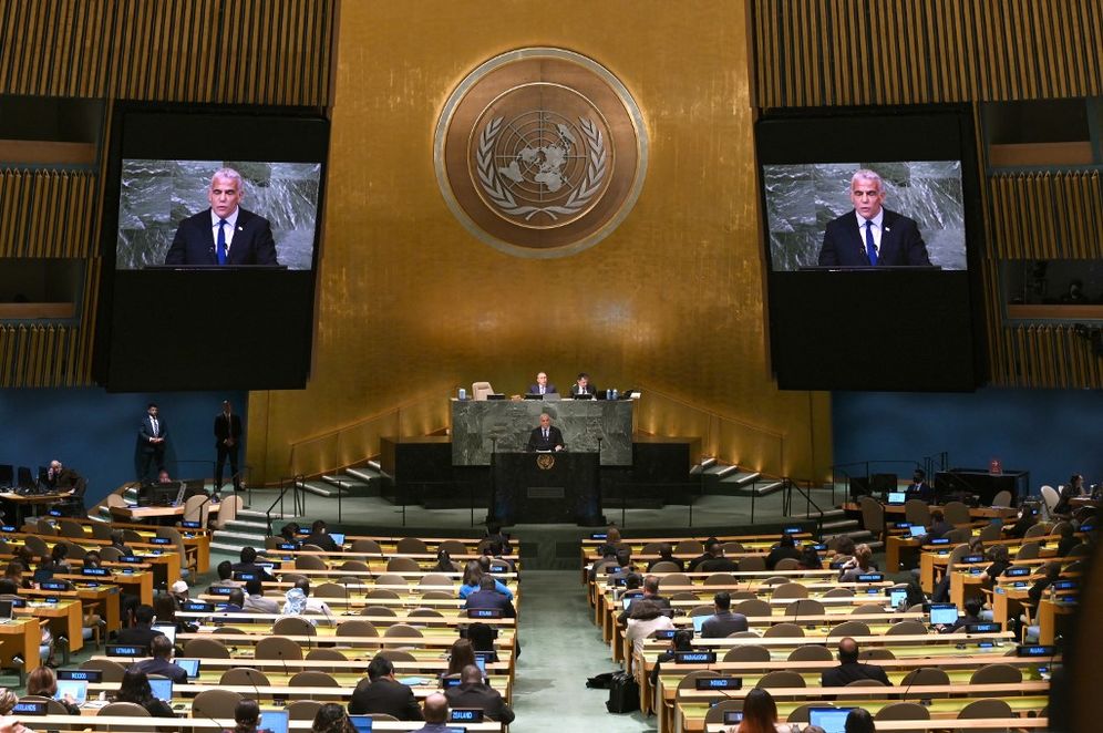 Israeli Prime Minister Yair Lapid addresses the 77th session of the United Nations General Assembly at UN headquarters in New York, United States.