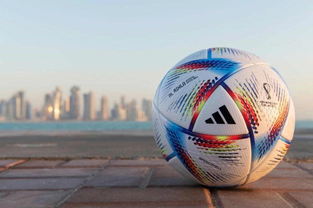 The official match ball for the FIFA World Cup Qatar 2022 against the Doha skyline, April 1, 2022.