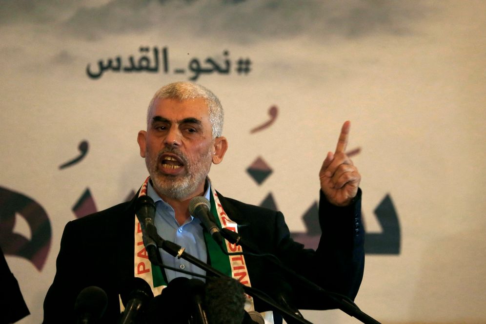 Hamas' leader in the Gaza Strip Yahya Sinwar speaks during a press conference for Quds (Jerusalem) Day in Gaza City, on 30 May 2019.