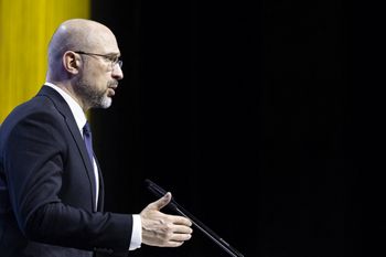 Ukrainian Prime Minister Denys Shmyhal delivers a speech during the Economic Forum official opening at the Ukraine Recovery Conference in Lugano, Switzerland, on July 5, 2022