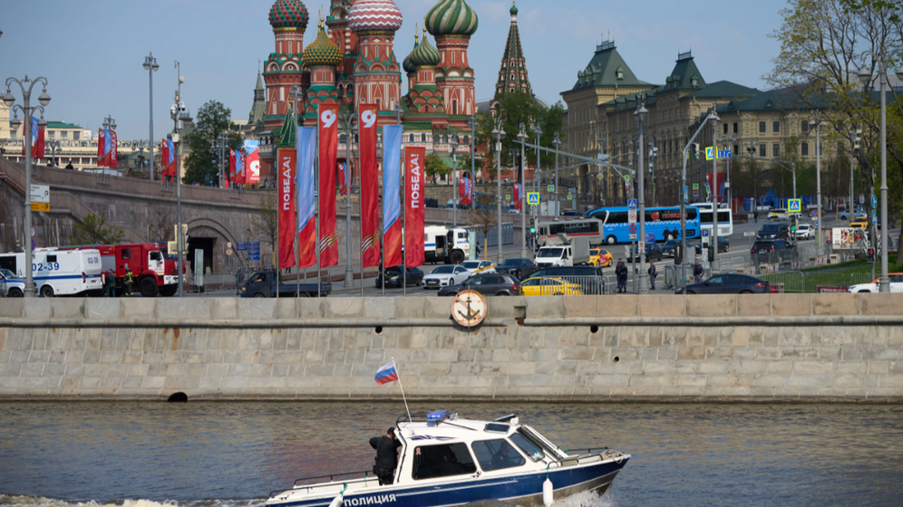Police boat patrol the waters of the Moskva River ahead of the celebrations of the 81st anniversary of WWII victory in Moscow, May 7, 2026.