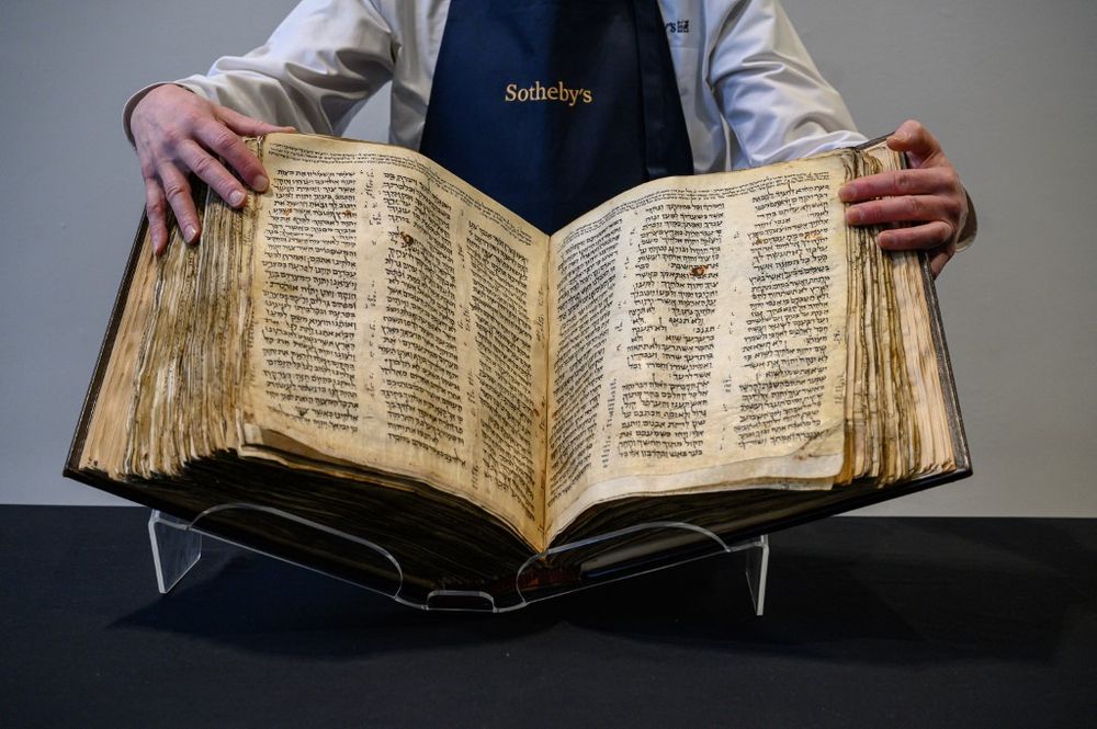 The "Codex Sassoon" Bible is on display at Sotheby's in New York, U.S.